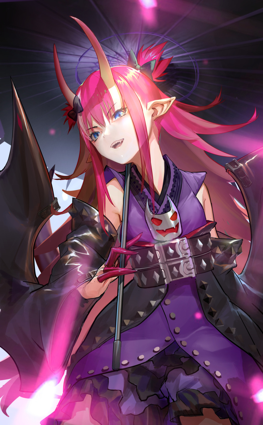 absurdres bangs belt black_belt black_coat black_ribbon blue_eyes coat commentary_request detached_sleeves dress elizabeth_bathory_(fate) elizabeth_bathory_(fate)_(all) fang fate/grand_order fate_(series) hair_between_eyes hair_ornament hair_ribbon highres holding holding_umbrella horns long_hair looking_at_viewer nuda open_mouth pink_hair pointy_ears purple_dress ribbon umbrella