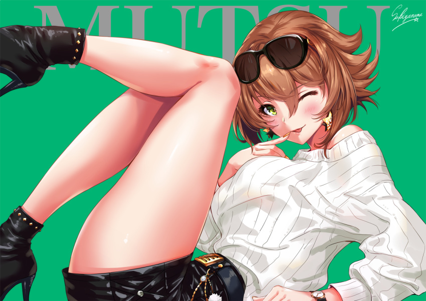 1girl anchor artist_name black_footwear blush boots breasts brown_hair character_name eyewear_on_head finger_to_mouth from_side gloves green_background green_eyes grin hair_between_eyes heart high_heels kantai_collection large_breasts leg_up lips long_sleeves looking_at_viewer lying mutsu_(kantai_collection) on_back one_eye_closed ribbed_sweater sakiyamama short_hair smile solo sunglasses sweater thigh-highs white_sweater