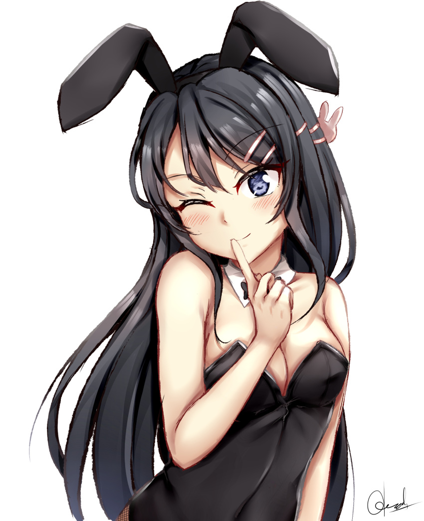 1girl ;) animal_ears bangs bare_arms bare_shoulders black_hair black_hairband black_leotard blush breasts bunny_girl bunny_hair_ornament bunnysuit chrisandita cleavage closed_mouth collarbone commentary detached_collar eyebrows_visible_through_hair fake_animal_ears finger_to_mouth fishnets hair_between_eyes hair_ornament hairband hairclip hand_up head_tilt highres leotard long_hair medium_breasts one_eye_closed rabbit_ears sakurajima_mai seishun_buta_yarou shushing signature simple_background smile solo strapless strapless_leotard upper_body v-shaped_eyebrows very_long_hair violet_eyes white_background white_collar