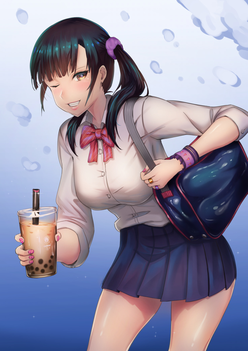 1girl ;) bag black_hair blue_background blue_skirt bookbag bow breasts brown_eyes bubble_tea cup drinking_straw hair_ornament hair_scrunchie highres holding holding_cup jewelry lanzer large_breasts lipstick makeup milk_tea nail_polish one_eye_closed original parted_lips pink_nails pleated_skirt purple_scrunchie red_bow ring school_uniform scrunchie shirt simple_background skirt smile twintails white_shirt wristband