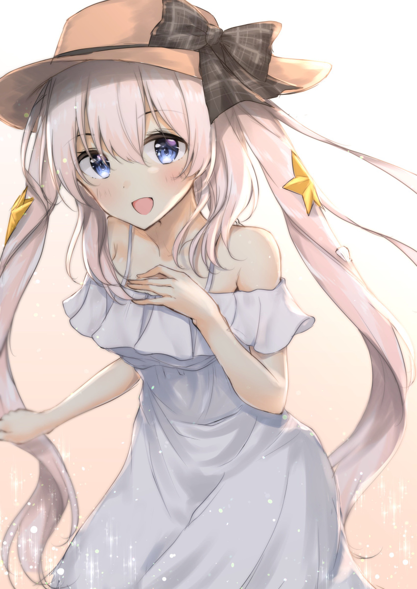 1girl :d absurdres black_bow blue bow brown_hat collarbone dress eyes fate/grand_order fate_(series) floating_hair hair_between_eyes hair_bow hat highres long_hair looking_at_viewer marie_antoinette_(fate/grand_order) open_mouth silver_hair sleeveless sleeveless_dress smile solo sun_hat sundress uzuki_tsukuyo very_long_hair white_background white_dress