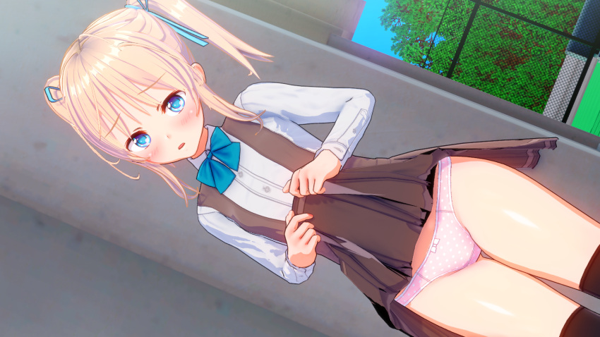 1girl bangs black_legwear black_skirt blonde_hair blue_eyes blue_neckwear blue_ribbon blue_sky blush bow bow_panties bowtie commentary_request cowboy_shot crotch_seam custom_maid_3d_2 day dress_shirt dutch_angle frown gluteal_fold hair_ribbon highres lifted_by_self long_sleeves looking_at_viewer minamo_rm miniskirt original outdoors panties parted_lips pink_panties pleated_skirt polka_dot polka_dot_panties ribbon shirt short_hair short_twintails skirt skirt_lift sky solo thigh-highs thigh_gap thighs twintails underwear white_shirt wing_collar