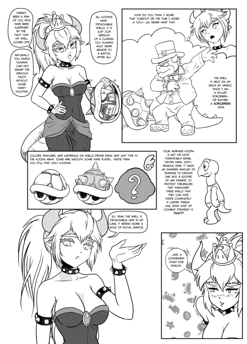 backpack bag black_dress black_legwear bowser bowsette breasts comic dress highres koopa large_breasts super_mario_bros. nintendo pencils_(artist) shell super_crown