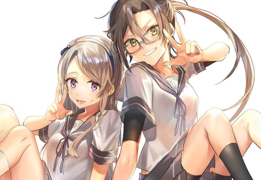 2girls amagiri_(kantai_collection) green_eyes grey_hair kantai_collection long_hair multiple_girls open_mouth sagiri_(kantai_collection) side_ponytail silver_hair smile tsugutoku very_long_hair violet_eyes