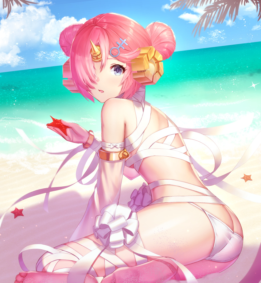 1girl absurdres bandage beach blue_eyes breasts dolce_(dolsuke) double_bun fate/grand_order fate_(series) frankenstein's_monster_(fate) frankenstein's_monster_(swimsuit_saber)_(fate) hair_ornament hairclip highres horn looking_back open_mouth pink_hair ribbon short_hair small_breasts solo starfish white_ribbon