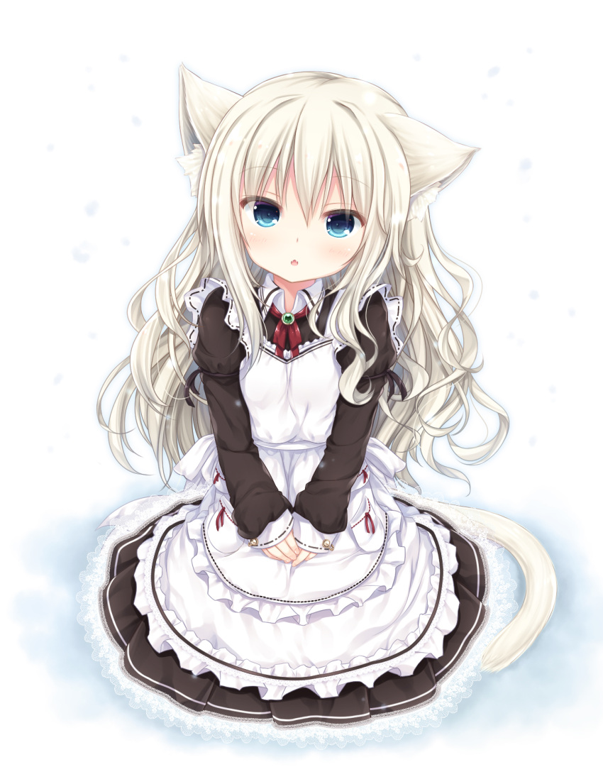 1girl animal_ear_fluff animal_ears apron bangs blue_eyes blush bow brown_dress cat_ears cat_girl cat_tail collared_dress commentary_request dress eyebrows_visible_through_hair fangs fingernails frilled_apron frills full_body hair_between_eyes head_tilt highres juliet_sleeves lace lace-trimmed_dress light_brown_hair long_hair long_sleeves looking_at_viewer maid maid_apron original own_hands_together parted_lips pocket puffy_sleeves red_bow shizukawashi_sumi sidelocks sleeves_past_wrists solo tail very_long_hair white_apron white_background