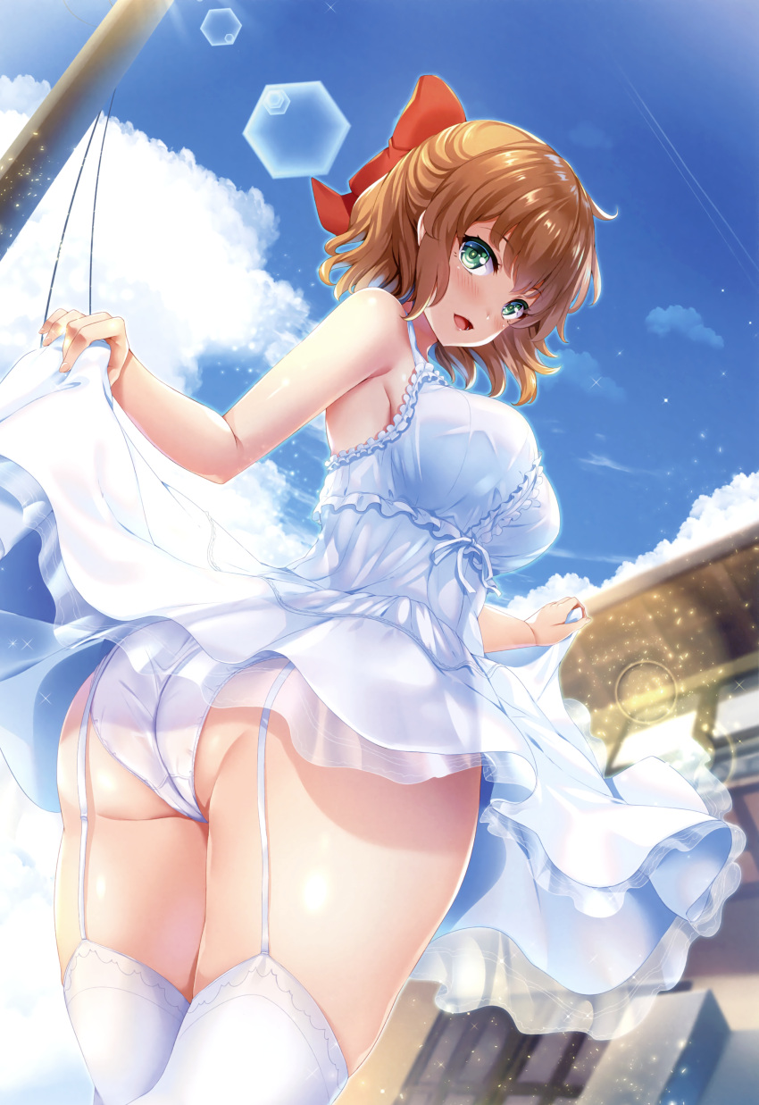 1girl absurdres ass bangs blurry blurry_background bow brown_hair building clouds cloudy_sky crotch_seam day depth_of_field dress dress_lift dutch_angle eyebrows_visible_through_hair from_behind garter_straps green_eyes hair_bow highres hinata_sora lens_flare lifted_by_self light_blush light_particles lips looking_at_viewer looking_back open_mouth original outdoors panties petticoat red_bow short_hair sky smile spaghetti_strap standing sundress thigh-highs thighs underwear utility_pole white_dress white_legwear