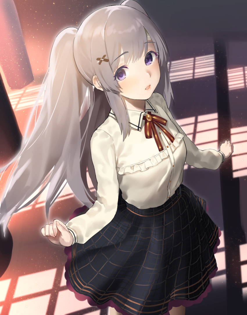 1girl bandaid_on_forehead bangs black_skirt blush breasts eyebrows_visible_through_hair grey_hair hair_ornament hairclip highres idolmaster idolmaster_shiny_colors lighting long_hair long_sleeves looking_at_viewer medium_breasts neck_ribbon nekoshoko open_mouth ribbon shirt sidelocks skirt solo twintails violet_eyes white_shirt yuukoku_kiriko