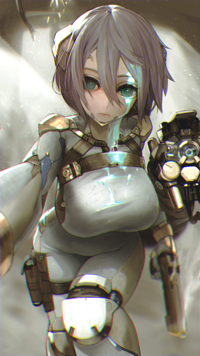 1girl absurdres blurry bodysuit breasts chromatic_aberration closed_mouth cowboy_shot depth_of_field expressionless eyelashes foreshortening green_eyes grey grey_background gun hair_between_eyes handgun head_tilt highres hiragana_(gomasyabu) holding holding_gun holding_weapon holster large_breasts leaning_forward lips looking_at_viewer original robot_joints short_hair silver_hair solo weapon