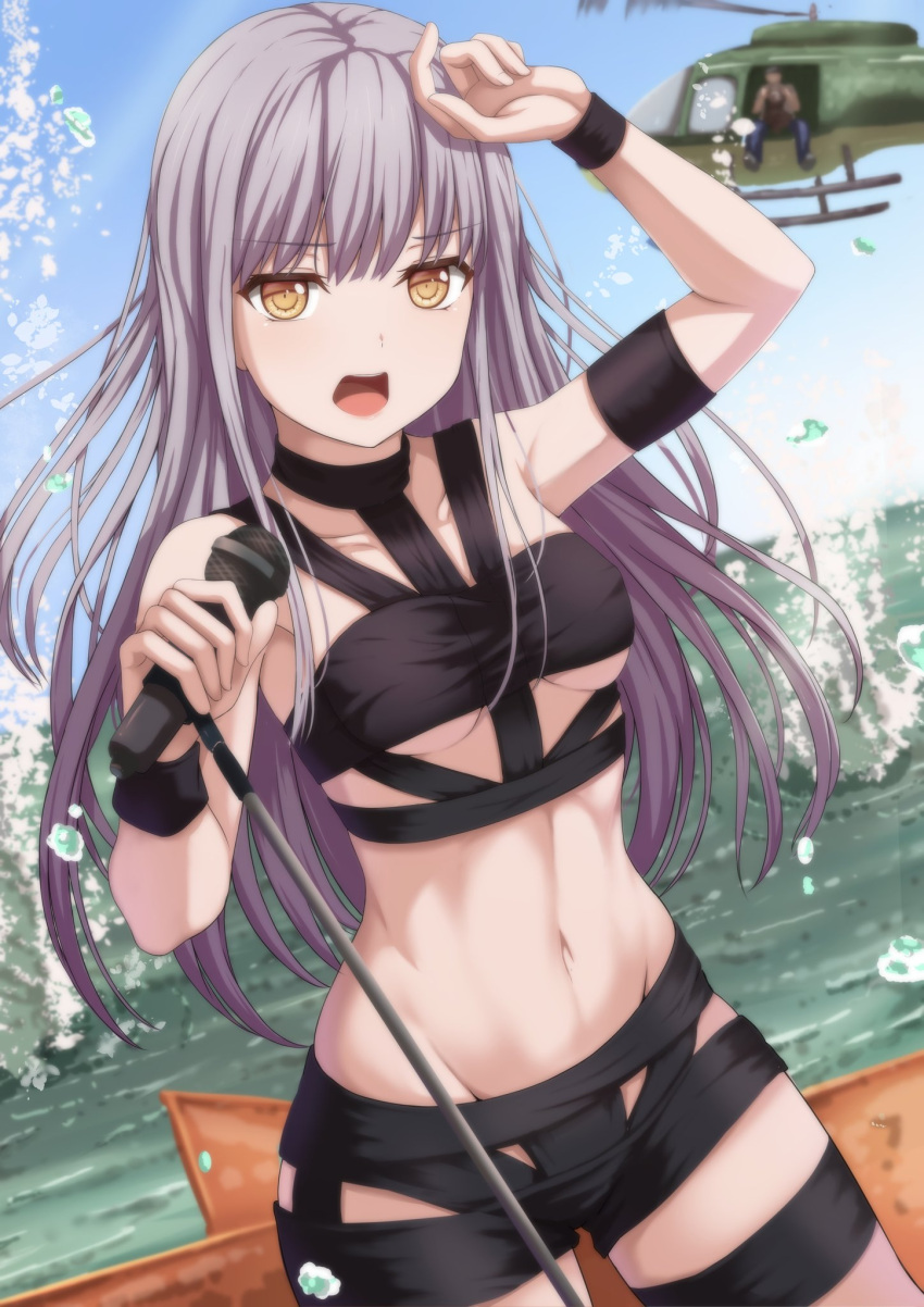 1boy 1girl aircraft armband bang_dream! bangs blurry breasts brown_eyes cameraman choker collarbone depth_of_field erect_nipples eyebrows_visible_through_hair grey_hair hand_over_face helicopter highres hot_limit long_hair looking_at_viewer medium_breasts microphone minato_yukina narafume navel open_mouth revealing_clothes sky solo_focus splashing stage standing toned under_boob water wristband