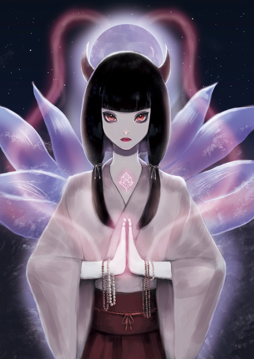 1girl bangs beads black_hair blunt_bangs character_request closed_mouth commentary_request copyright_request expressionless full_moon highres horns japanese_clothes kimono kuromitsu long_sleeves looking_at_viewer low_twintails moon multiple_tails night night_sky pink_eyes pink_lips red_sash red_skirt skirt sky solo star_(sky) starry_sky tail twintails white_kimono white_skin wide_sleeves