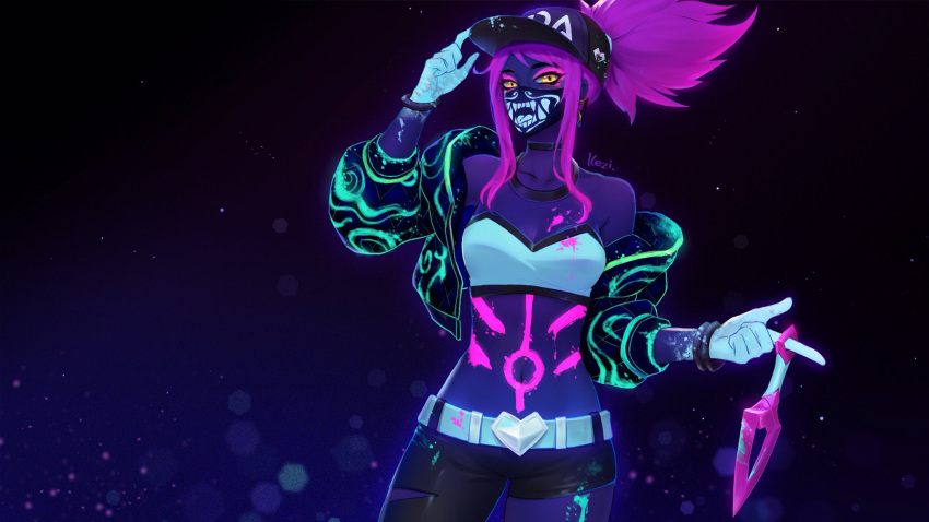 1girl akali baseball_cap bracelet breasts choker cleavage hat highres idol jacket jewelry k/da_(league_of_legends) k/da_akali kezi league_of_legends looking_at_viewer makeup mask midriff navel ponytail purple_hair solo ultraviolet_light yellow_eyes