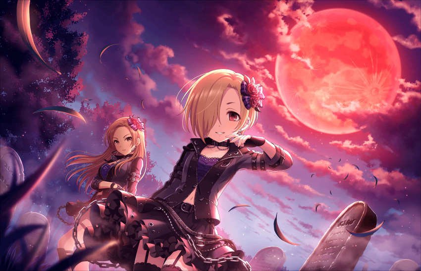 2girls artist_request belt black_gloves black_legwear black_skirt blonde_hair bow breasts brown_eyes brown_hair chains choker closed_mouth clouds dutch_angle earrings evening gloves grass hair_over_one_eye highres idolmaster idolmaster_cinderella_girls idolmaster_cinderella_girls_starlight_stage jewelry leaf long_hair looking_at_viewer matsunaga_ryou multiple_girls official_art open_mouth outdoors shirasaka_koume short_hair skirt sky small_breasts smile standing thigh-highs thigh_strap tombstone tree twilight