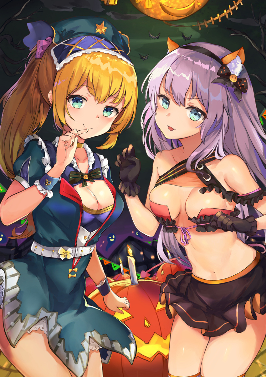 2girls :3 :p animal animal_ear_fluff animal_ears aqua_eyes bangs bare_shoulders bat belt black_bow black_gloves black_skirt blonde_hair blue_dress blue_eyes blush bow bowtie breasts breasts_apart buttons candle choker cleavage cleavage_cutout closed_mouth collarbone commentary_request cowboy_shot demon_tail dress fake_animal_ears finger_to_mouth frilled_dress frilled_gloves frills ghost gloves hair_bow hairband halloween hand_up head_tilt highres index_finger_raised jack-o'-lantern large_breasts long_hair looking_at_viewer medium_breasts miniskirt mosta_(lo1777789) multiple_girls navel night original outdoors polka_dot ponytail red_bikini_top short_sleeves sidelocks silver_hair skirt smile smiley_face star stomach tail thigh-highs tongue tongue_out undershirt v-shaped_eyebrows white_legwear wrist_cuffs yellow_bow zettai_ryouiki