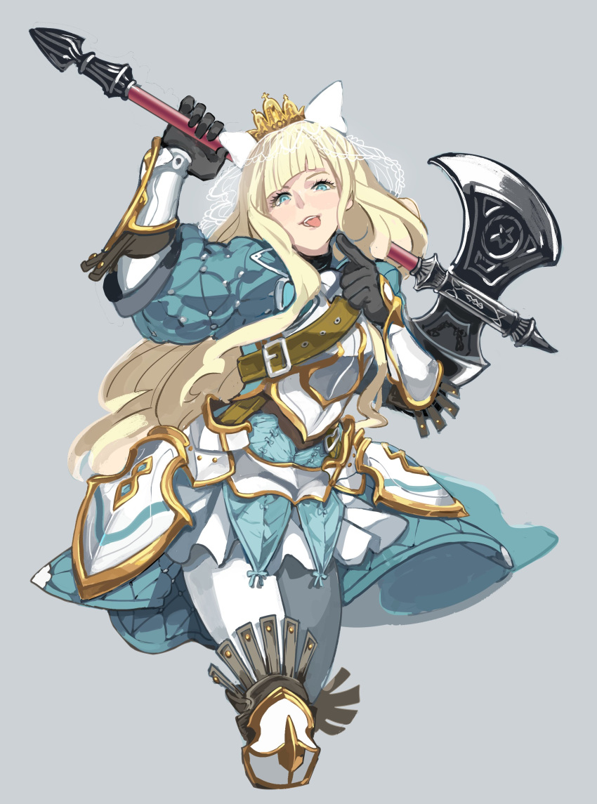 1girl absurdres axe black_gloves blonde_hair blue_eyes bow charlotte_(fire_emblem_if) commission crown fire_emblem fire_emblem_cipher fire_emblem_if gloves grey_background hair_bow highres holding holding_axe kohiu long_hair long_sleeves nintendo simple_background solo tongue tongue_out white_bow white_legwear