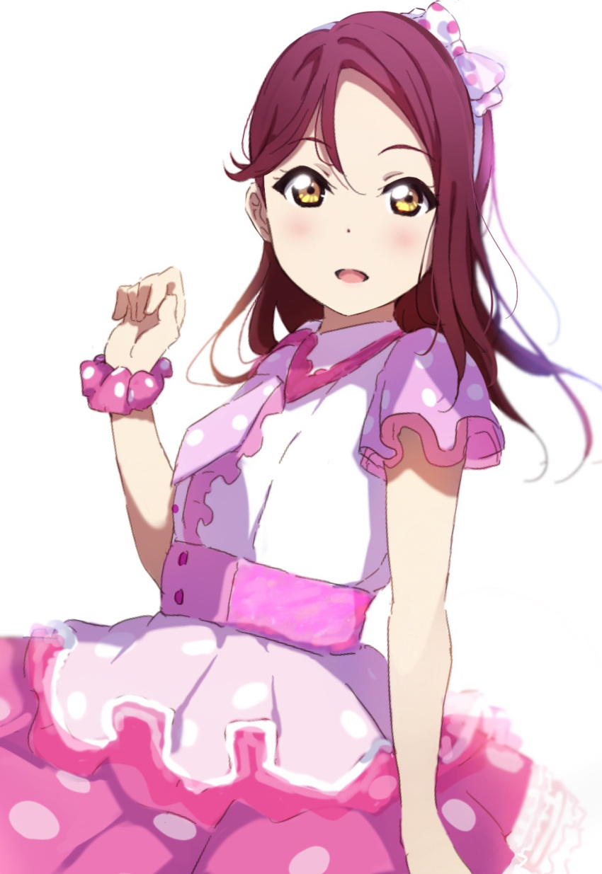 1girl blush dress eyebrows_visible_through_hair frilled_dress frills headband highres icehotmilktea light_background long_hair love_live! love_live!_school_idol_project love_live!_sunshine!! pink_dress polka_dot polka_dot_dress sakurauchi_riko scrunchie smile solo white_background yellow_eyes