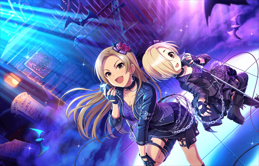 2girls artist_request bat belt black_gloves black_legwear black_skirt blonde_hair blush boots bow breasts brown_eyes brown_hair chains choker cleavage earrings eyelashes fingerless_gloves flower frilled_skirt frills gloves grave graveyard hair_bow hair_flower hair_ornament hair_over_one_eye highres holding holding_microphone idolmaster idolmaster_cinderella_girls idolmaster_cinderella_girls_starlight_stage jacket jewelry long_hair looking_at_viewer matsunaga_ryou microphone microphone_stand multiple_girls music night official_art open_mouth red_eyes shirasaka_koume short_hair singing skirt smile thigh-highs thigh_strap tombstone