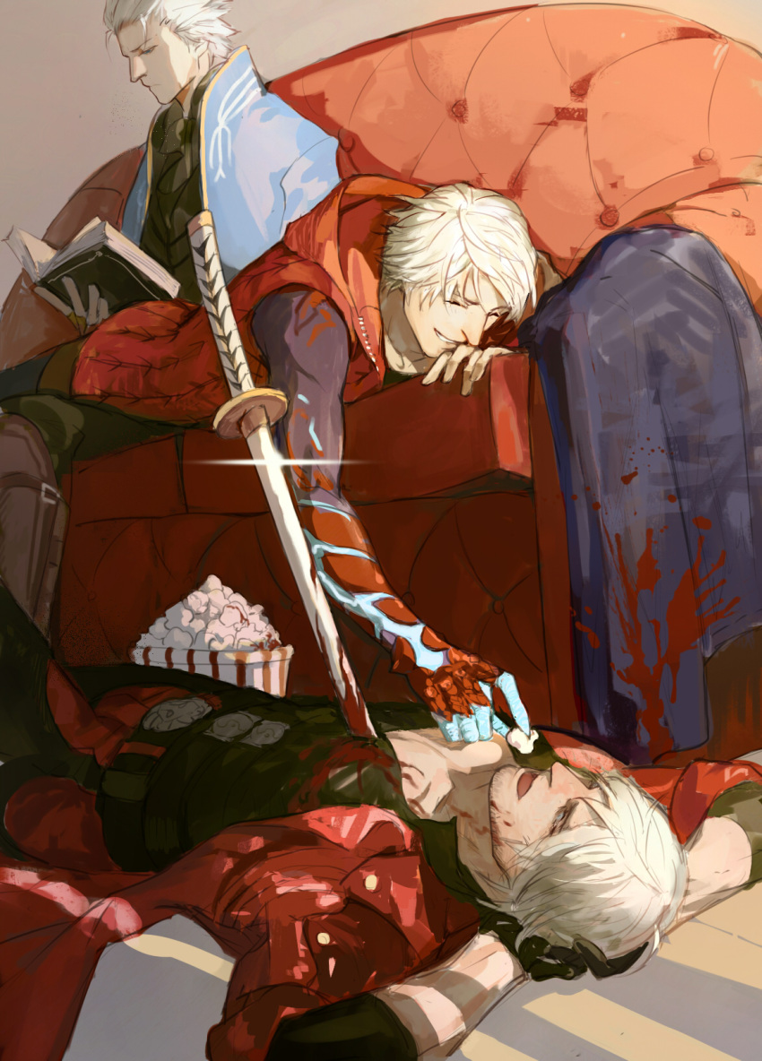 3boys akumey blood blood_on_face bloody_clothes bloody_weapon blue_coat book boots coat couch dante_(devil_may_cry) devil_may_cry devil_may_cry_4 feeding food gloves hand_behind_head highres katana lens_flare lying medium_hair multiple_boys nero_(devil_may_cry) open_mouth popcorn reading red_coat sitting smile spiky_hair stabbed sword vergil weapon white_hair