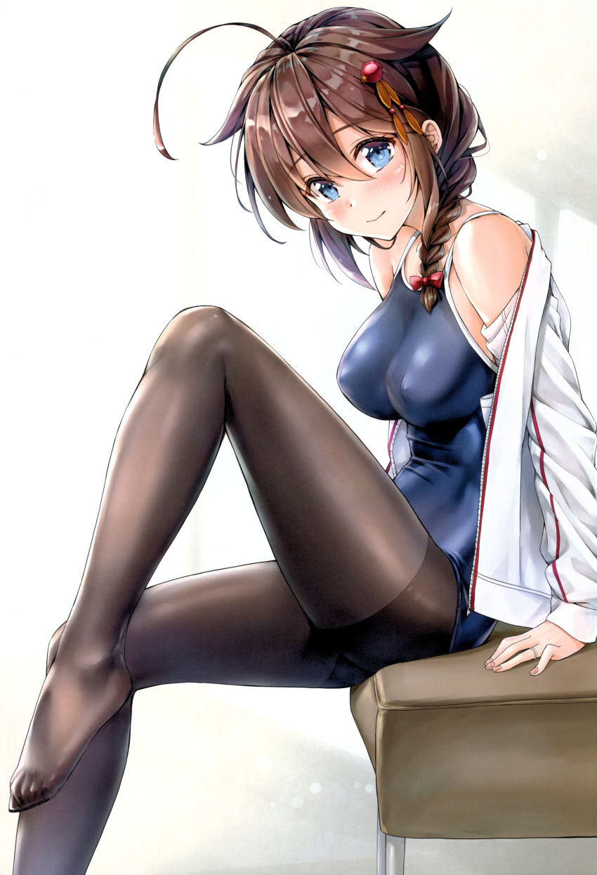 1girl absurdres arm_support bangs bare_shoulders blue_eyes blush braid breasts brown_hair covered_nipples eyebrows_visible_through_hair fingernails hair_flaps hair_ornament highres jacket jewelry kantai_collection kotatsu_(kotatsu358) long_hair long_sleeves looking_at_viewer medium_breasts off_shoulder one-piece_swimsuit open_clothes open_jacket pantyhose pantyhose_under_swimsuit remodel_(kantai_collection) ring scan shigure_(kantai_collection) shiny shiny_clothes shiny_hair shiny_skin sidelocks simple_background swimsuit