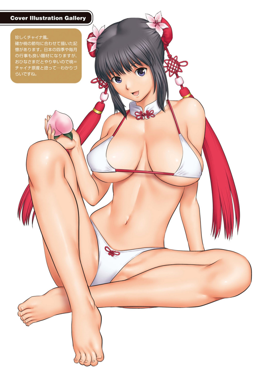 1girl action_pizazz arm_support bangs bare_arms bare_legs bare_shoulders barefoot bikini black_hair blue_eyes breasts double_bun fingernails food fruit hair_ornament highres holding large_breasts looking_at_viewer navel open_mouth saigadou shiny shiny_skin simple_background sitting smile solo swimsuit toes white_background