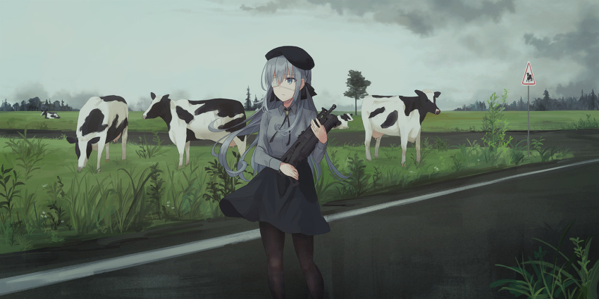1girl animal bangs beret black_hat black_skirt blue_sky brown_legwear chihuri clouds collared_shirt commentary_request cow dress eyebrows_visible_through_hair feet_out_of_frame grass grey_eyes grey_hair grey_shirt gun hair_between_eyes hat holding holding_gun holding_weapon horizon long_hair long_sleeves looking_away original outdoors pantyhose road road_sign shirt sign skirt sky solo standing tree very_long_hair weapon weapon_request