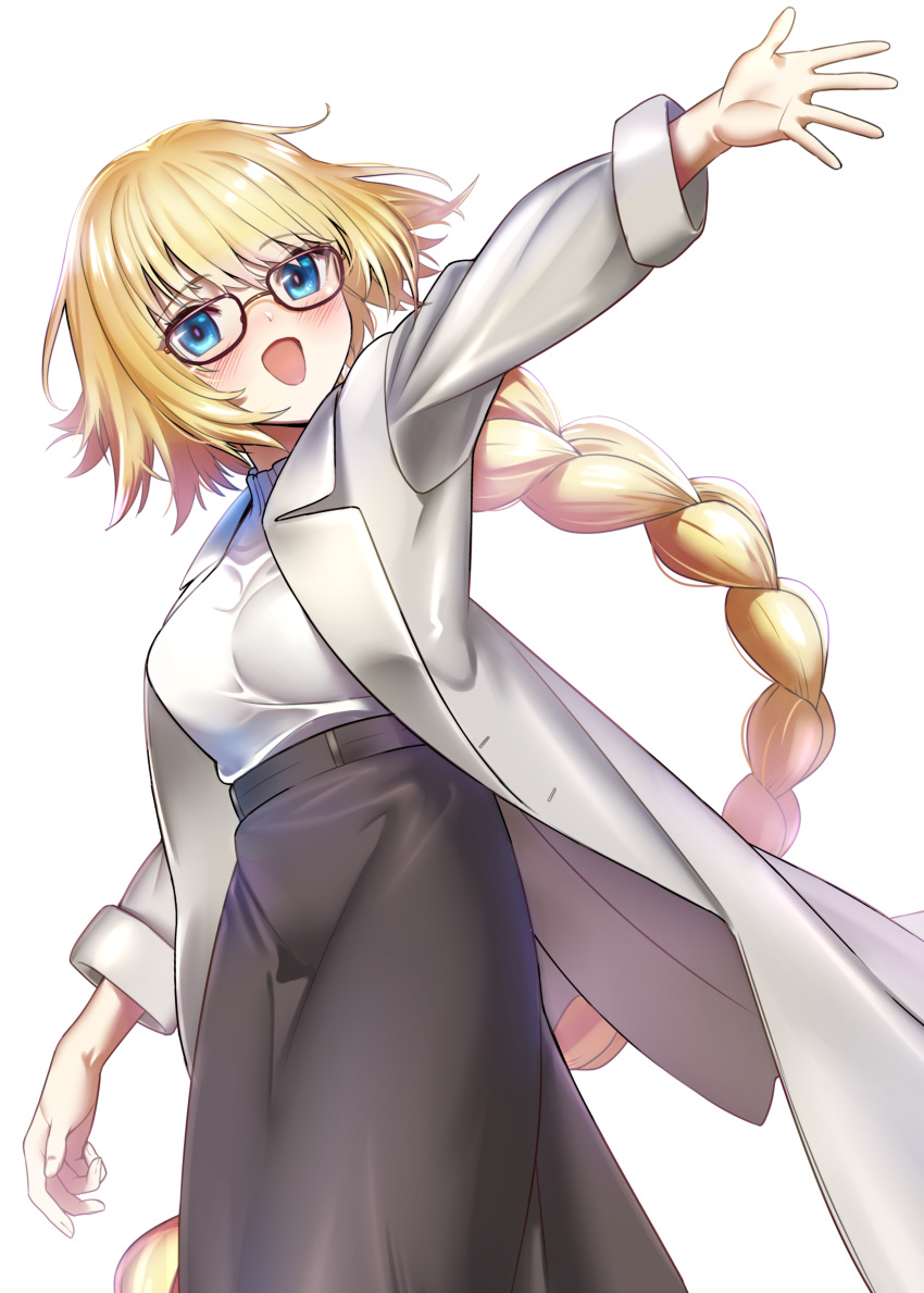 1girl :d absurdres bangs belt black-framed_eyewear black_skirt blonde_hair blue blue_eyes blush braid braided_ponytail coat eyebrows_visible_through_hair eyes fate/grand_order fate_(series) glasses grey_coat highres jeanne_d'arc_(fate) jeanne_d'arc_(fate)_(all) kujuu_shikuro long_hair long_skirt open_clothes open_coat open_mouth outstretched_arm ponytail shirt simple_background single_braid skirt smile solo very_long_hair white_background white_shirt