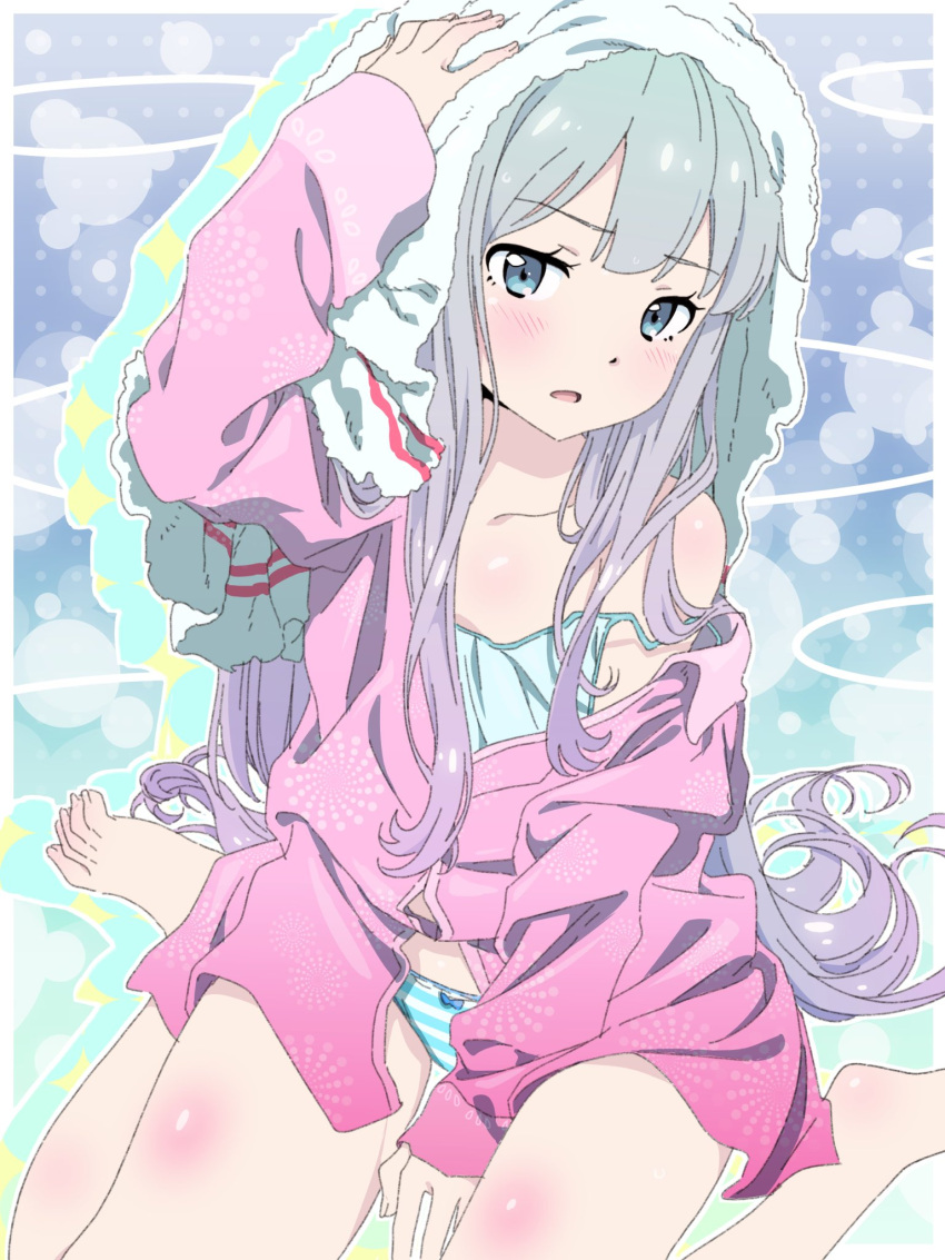 1girl barefoot blue_bow blue_eyes blush bow bow_panties collarbone eromanga_sensei eyebrows_visible_through_hair flat_chest gradient_hair highres izumi_sagiri long_sleeves looking_at_viewer multicolored_hair off_shoulder open_clothes open_mouth open_shirt panties pink_hair pink_shirt pink_x print_shirt shiny shiny_hair shirt silver_hair sitting solo striped striped_panties towel towel_on_head two-tone_hair underwear wariza white_towel