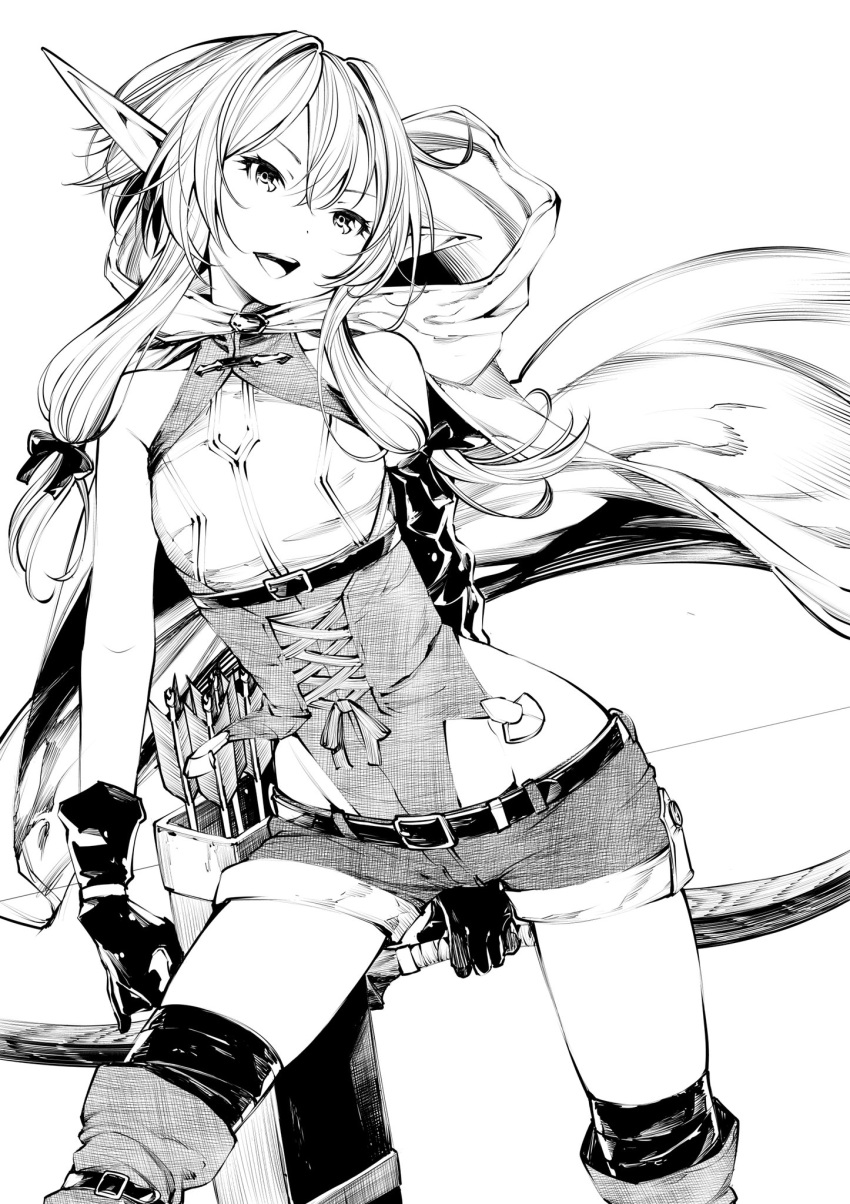 1girl arrow black_gloves bow_(weapon) breasts cloak elf fukushima_masayasu gloves goblin_slayer! greyscale high_elf_archer_(goblin_slayer!) highres hood hooded_cloak long_hair monochrome open_mouth pointy_ears quiver shorts sidelocks small_breasts thigh-highs weapon