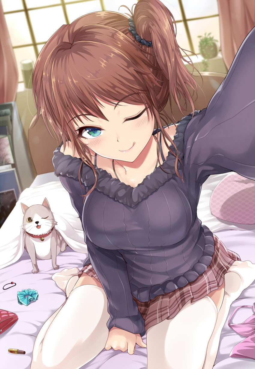 1girl :q bangs blue_eyes blush breasts brown_hair brown_skirt cat closed_mouth day dutch_angle eyebrows_visible_through_hair hair_ornament hair_scrunchie highres indoors kasai_shin large_breasts long_sleeves looking_at_viewer miniskirt on_bed one_eye_closed original plaid plaid_skirt pleated_skirt ribbed_sweater scrunchie self_shot side_ponytail sitting skirt smile solo sweater thigh-highs tongue tongue_out tsurime wariza white_legwear
