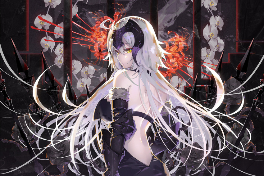 1girl ahoge armor back bangs black_dress black_flower black_rose breasts dress eyebrows_visible_through_hair fate/apocrypha fate/grand_order fate_(series) floating_hair flower from_behind gauntlets headpiece highres jeanne_d'arc_(alter)_(fate) jeanne_d'arc_(fate) jeanne_d'arc_(fate)_(all) large_breasts long_hair looking_at_viewer looking_back open_mouth rose silver_hair solo tsurime tsurukame very_long_hair yellow_eyes