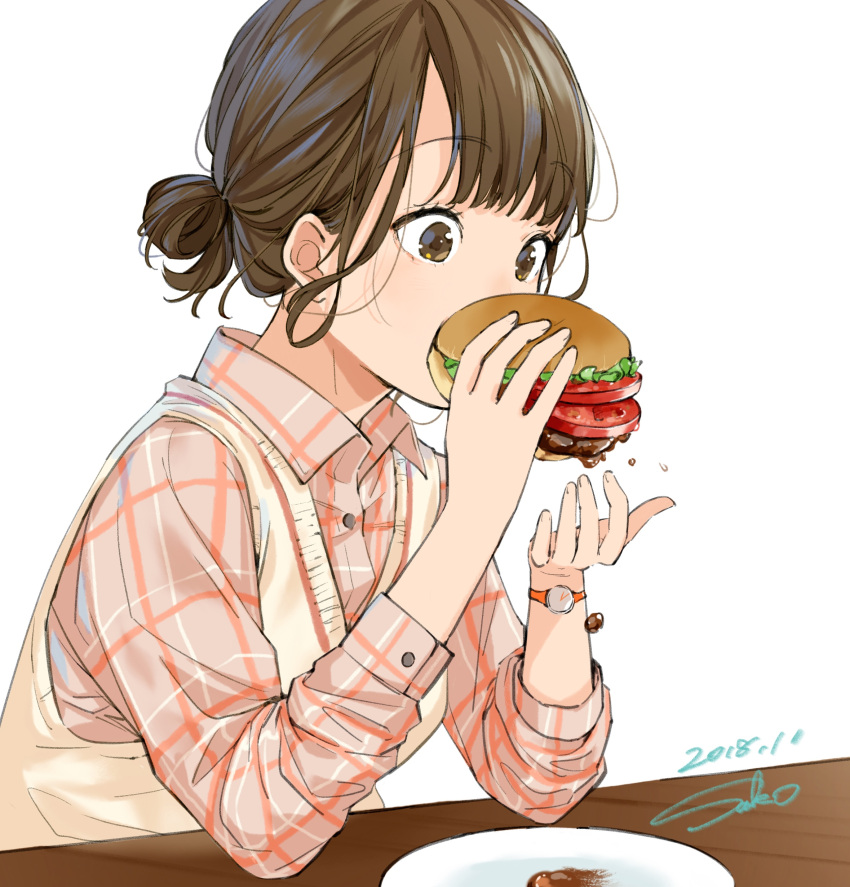 1girl absurdres brown_eyes brown_hair eating food hamburger highres original plaid plaid_shirt sako_(user_ndpz5754) shirt solo sweater_vest tied_hair watch watch white_background