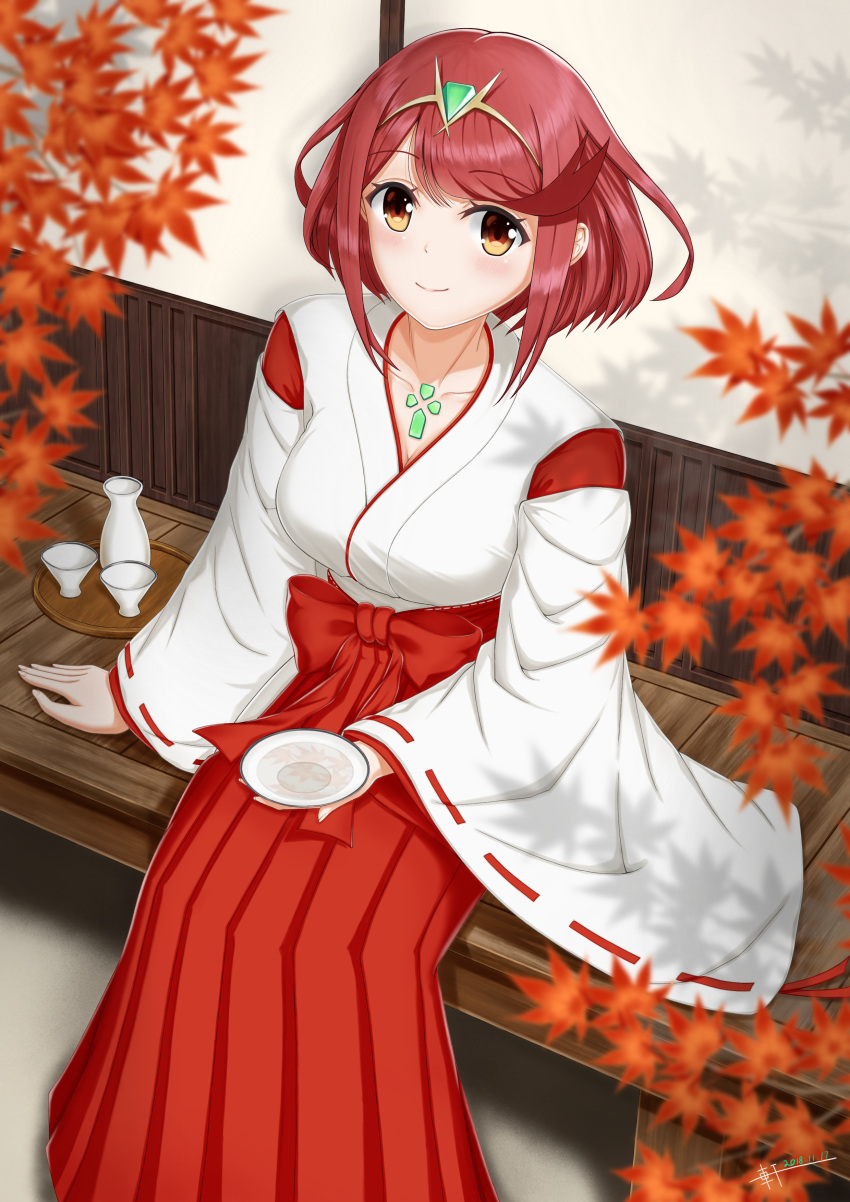 1girl absurdres alcohol autumn_leaves blush breasts brown_eyes choko_(cup) commentary_request cup hair_ornament highres pyra_(xenoblade) huge_filesize japanese_clothes ken-san large_breasts leaf looking_at_viewer looking_up maple_leaf miko nintendo redhead sakazuki sake short_hair sitting smile solo tokkuri xenoblade_(series) xenoblade_2