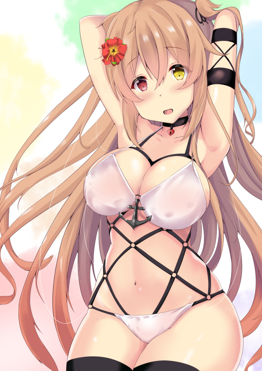 1girl anchor armpits arms_behind_head black_legwear blush bra breasts choker cleavage collarbone flower hair_flaps hair_flower hair_ornament harness heart_lock_(kantai_collection) heterochromia highres kantai_collection large_breasts light_brown_hair long_hair looking_at_viewer murasame_(kantai_collection) navel open_mouth panties purunyara rainbow_background red_eyes remodel_(kantai_collection) sidelocks skindentation solo thigh-highs two_side_up underwear upper_body very_long_hair white_bra white_panties yellow_eyes