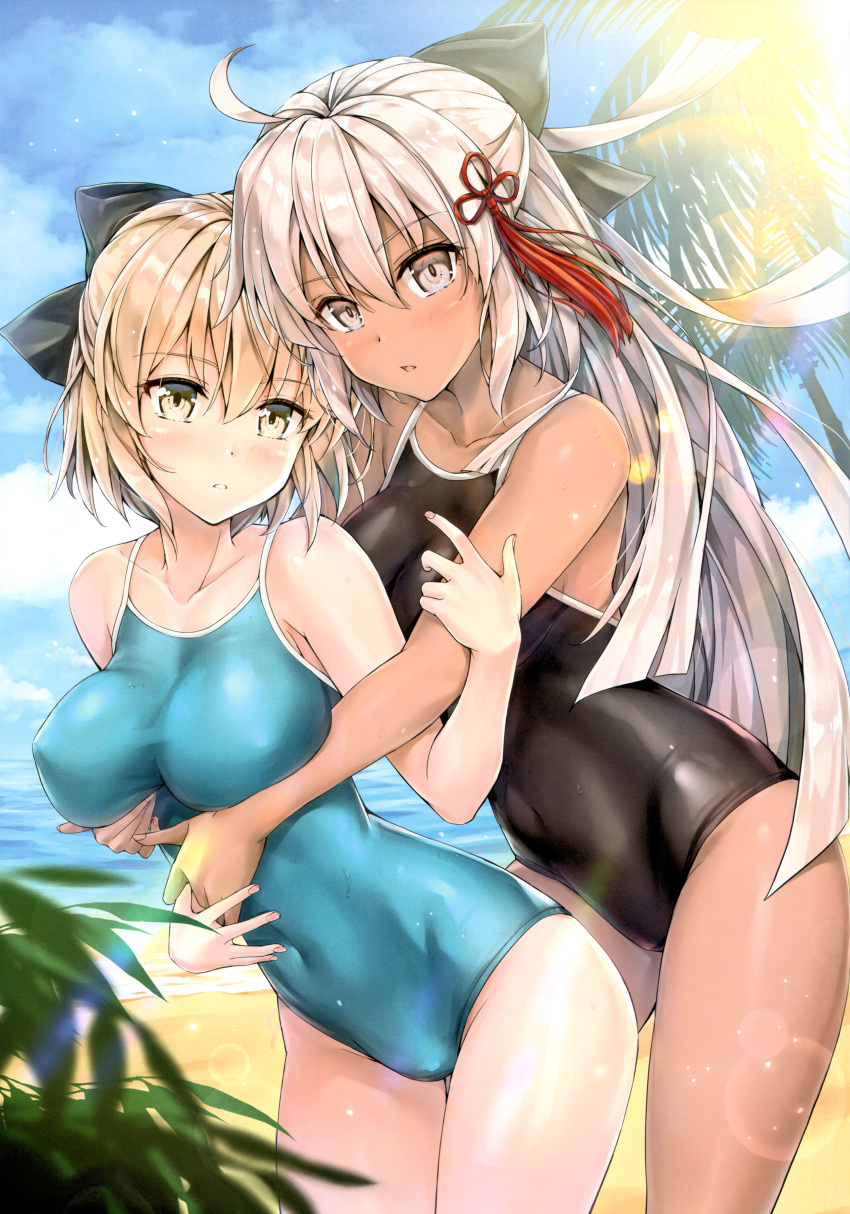 2girls absurdres ahoge bangs beach bikini black_bow blonde_hair blush bow breasts cleavage clouds cloudy_sky collarbone cowboy_shot dark_skin day eyebrows_visible_through_hair fate/grand_order fate_(series) fingernails grey_eyes hair_between_eyes hair_bow hair_ornament highres horizon hug hug_from_behind kotatsu_(kotatsu358) large_breasts lens_flare long_hair looking_at_viewer multiple_girls navel ocean okita_souji_(alter)_(fate) okita_souji_(fate) okita_souji_(fate)_(all) outdoors palm_tree parted_lips shiny shiny_hair shiny_skin short_hair side-tie_bikini silver_hair sky standing swimsuit tassel tree yellow_eyes yuri