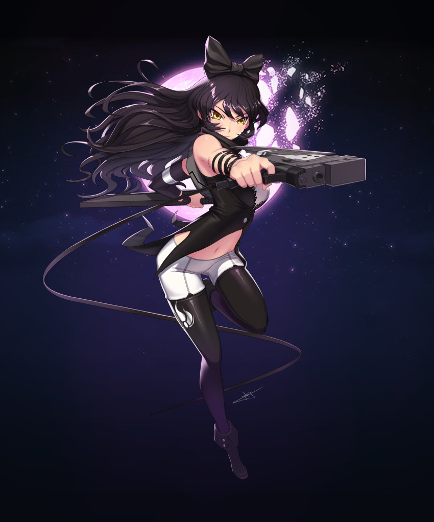 1girl asymmetrical_sleeves black_bow black_footwear black_hair black_legwear black_sleeves blake_belladonna boots bow detached_sleeves floating_hair full_body gun hair_bow highres holding holding_gun holding_weapon leg_up long_hair long_sleeves midriff navel pantyhose pantyhose_under_shorts rwby shiny shiny_hair short_shorts shorts single_sleeve solo standing standing_on_one_leg stomach uyalago very_long_hair weapon white_shorts yellow_eyes