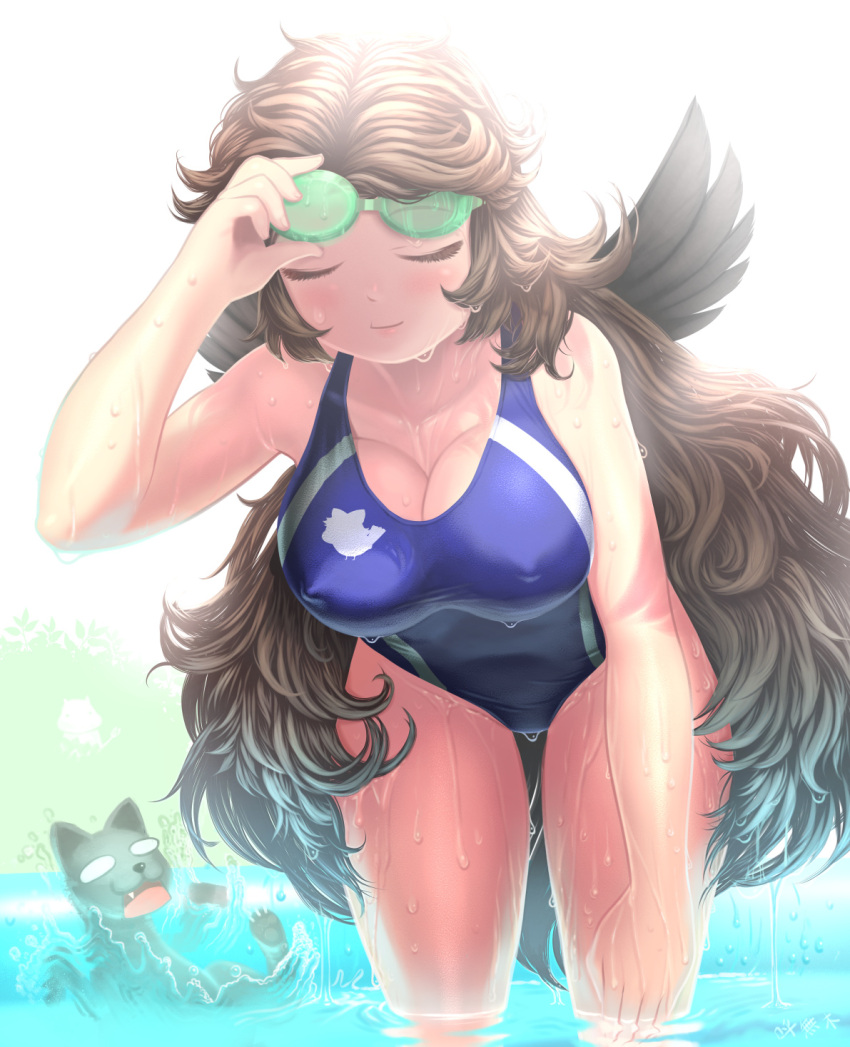 1girl backlighting bare_arms bare_legs bare_shoulders blank_eyes blue_swimsuit breasts brown_hair cat cleavage closed_eyes closed_mouth collarbone commentary_request competition_swimsuit covered_nipples cowboy_shot day dripping eyelashes fang goggles goggles_on_head hand_on_goggles hand_on_own_knee hand_up highres leaning_forward long_hair looking_at_another medium_breasts one-piece_swimsuit open_mouth outdoors reiuji_utsuho sidelocks smile solo_focus standing swimsuit touhou very_long_hair wading water wet wet_clothes wet_face wet_hair wet_swimsuit yonaki
