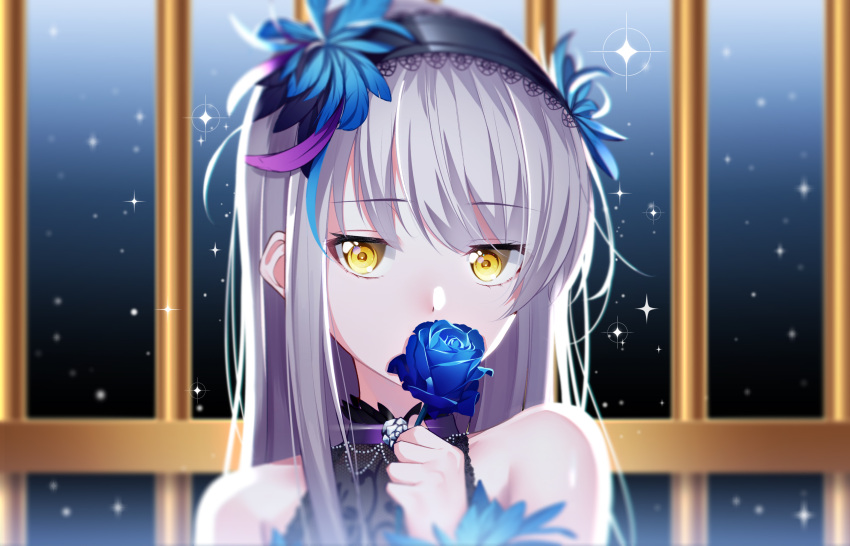 1girl bang_dream! bangs bare_shoulders black_dress black_hairband blue_flower blue_rose blurry blurry_background choker commentary covered_mouth depth_of_field dress english_commentary eyebrows_visible_through_hair flower hair_between_eyes hair_flower hair_ornament hairband hand_up highres holding holding_flower lace lace-trimmed_hairband lace_trim long_hair looking_at_viewer minato_yukina portrait purple_choker rose silver_hair sleeveless sleeveless_dress solo sparkle the_cold very_long_hair yellow_eyes