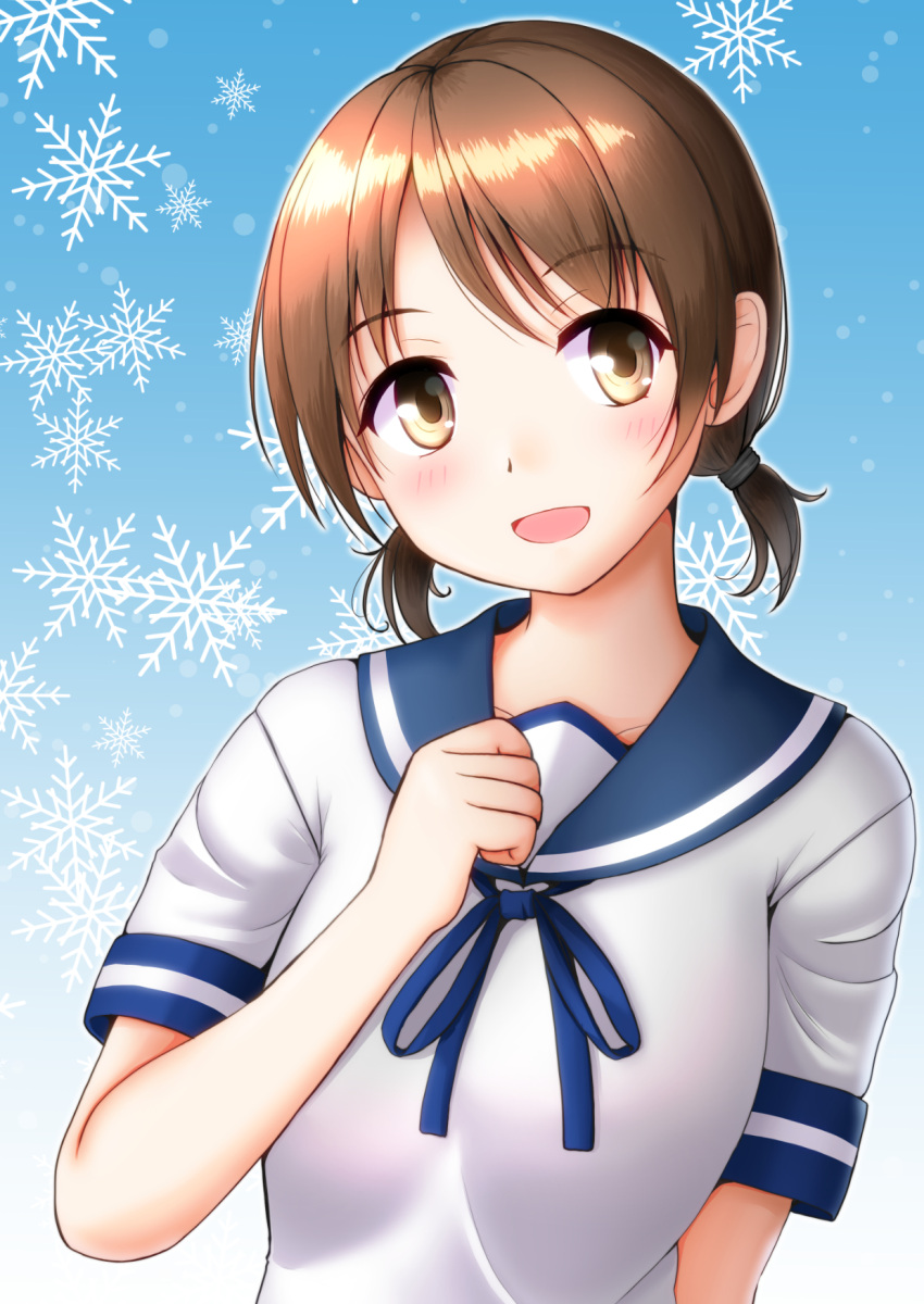 1girl :d bangs blue_background blue_neckwear blue_ribbon blue_sailor_collar blush brown_eyes brown_hair collarbone commentary_request eyebrows_visible_through_hair gradient gradient_background hair_tie hand_up head_tilt highres kantai_collection kazuki_ena looking_to_the_side low_twintails neck_ribbon open_mouth ribbon sailor_collar school_uniform serafuku shirayuki_(kantai_collection) short_sleeves short_twintails smile snowflake_background solo swept_bangs twintails upper_body