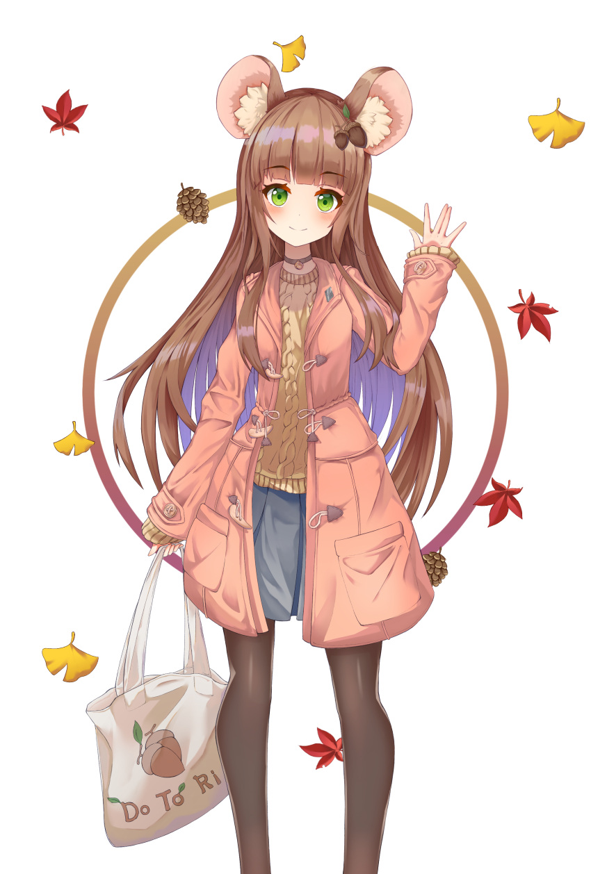 1girl absurdres animal_ears bag bangs black_bow black_legwear blue_skirt blunt_bangs blush bow brown_hair coat eyebrows_visible_through_hair green_eyes hair_bow highres holding holding_bag kiwi1358 long_hair looking_at_viewer miniskirt multicolored_hair open_clothes open_coat original pantyhose pink_coat pleated_skirt purple_hair shiny shiny_hair simple_background skirt smile solo squirrel_ears standing sweater two-tone_hair very_long_hair white_background