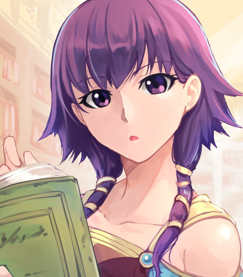 1girl bare_shoulders blush dress fire_emblem fire_emblem:_seima_no_kouseki fire_emblem_heroes highres jewelry looking_at_viewer lute_(fire_emblem) nakabayashi_zun nintendo purple_hair solo twintails violet_eyes