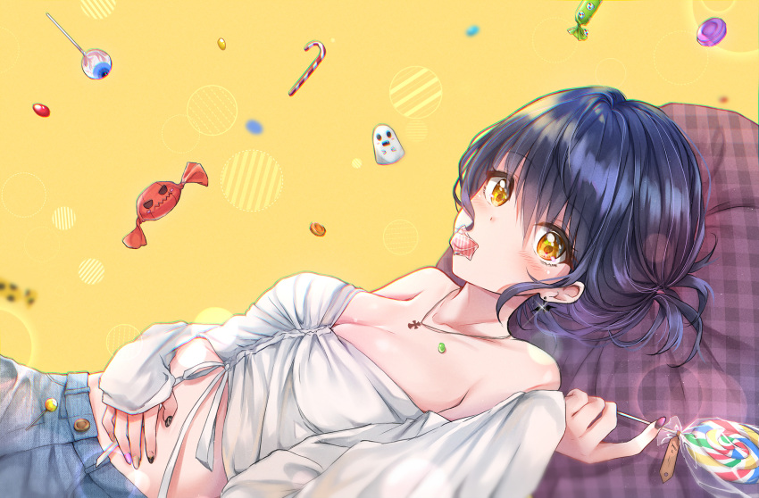1girl bangs bare_shoulders black_hair blush breasts buttons candy candy_cane candy_wrapper checkered chromatic_aberration cleavage collarbone commentary crop_top cuna_(qunya) denim denim_shorts earrings eyebrows_visible_through_hair food front-tie_top glint hair_between_eyes hand_on_own_stomach hand_up highres holding_lollipop jewelry lollipop long_sleeves looking_at_viewer lying medium_breasts midriff mouth_hold multicolored multicolored_nails nail_polish necklace off_shoulder on_back original pillow shirt short_hair shorts sidelocks sleeves_past_wrists solo stomach swirl_lollipop symbol_commentary white_shirt yellow_background yellow_eyes
