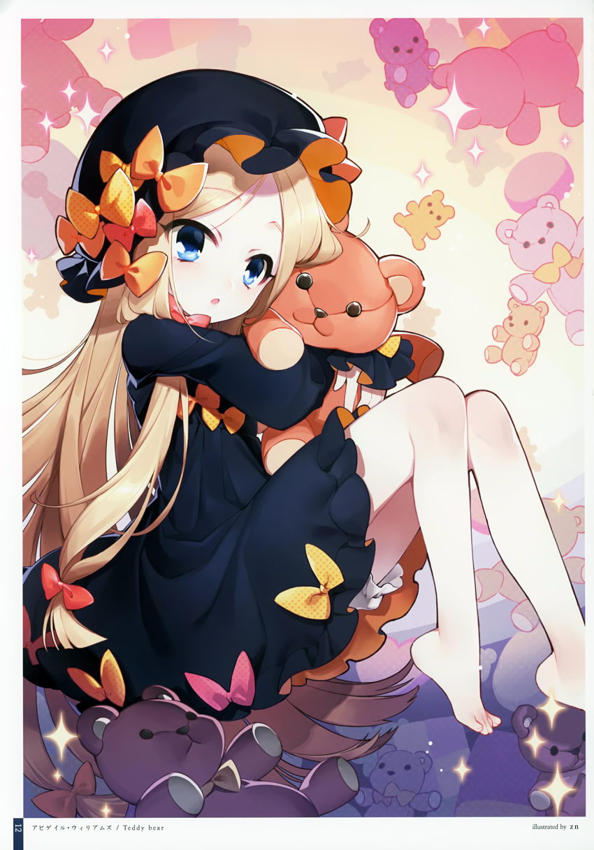 1girl abigail_williams_(fate/grand_order) absurdres bangs barefoot black_bow black_dress black_hat blonde_hair bloomers blue_eyes bow bug butterfly dress eyebrows_visible_through_hair fate/grand_order fate_(series) forehead hair_bow hat head_tilt highres insect long_hair long_sleeves object_hug orange_bow parted_bangs parted_lips pink_bow polka_dot polka_dot_bow red_bow sitting sleeves_past_wrists solo sparkle stuffed_animal stuffed_toy teddy_bear toenails underwear very_long_hair white_bloomers zinno
