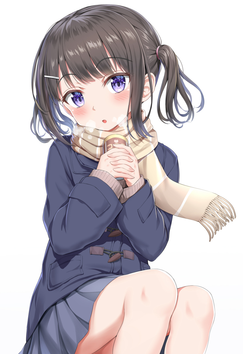 1girl :o absurdres bag bangs blue_coat blue_skirt blush breath brown_hair brown_scarf can canned_coffee duffel_bag eyebrows_visible_through_hair fringe_trim hands_up head_tilt highres holding holding_can long_hair long_sleeves nedia_(nedia_region) original own_hands_together parted_lips pleated_skirt scarf sidelocks simple_background sitting skirt sleeves_past_wrists solo twintails violet_eyes white_background