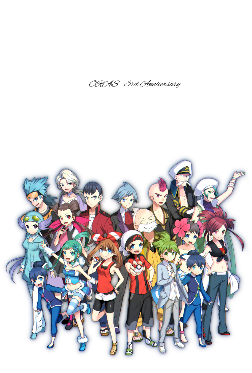 6+boys 6+girls :d absurdres arm_up asuna_(pokemon) asymmetrical_legwear bald bangs belt black_coat black_pants blue_eyes blue_hair blue_hat blue_pants bound bow bracelet brown_hair choker closed_eyes coat collar collarbone creatures_(company) crossed_arms dress_shirt eyewear_on_head facial_hair fuu_(pokemon) fuyou_(pokemon) game_freak genji_(pokemon) green_hair grey_jacket grey_pants hair_bow hairband hand_on_hip haruka_(pokemon) hat highres holding holding_poke_ball jacket jewelry kagetsu_(pokemon) leg_up long_hair looking_at_viewer lucia_(pokemon) midriff mikuri_(pokemon) multiple_girls mustache nagi_(pokemon) navel necklace necktie nintendo open_clothes open_coat open_jacket open_mouth outstretched_arms pants parted_bangs pink_neckwear poke_ball poke_ball_print pokemon pokemon_(game) pokemon_hgss pokemon_oras ponytail prim_(pokemon) purple_hair ran_(pokemon) red_bow red_eyes red_shirt redhead senri_(pokemon) shirt silver_hair simple_background single_thighhigh sleeveless sleeveless_shirt sleeves smile solo standing standing_on_one_leg stomach strapless strapless_bikini striped striped_legwear sunglasses tessen_(pokemon) thigh-highs tied_up touki_(pokemon) tsutsuji_(pokemon) tsuwabuki_daigo twintails very_long_hair white_background white_hairband white_hat white_shirt yellow-tinted_eyewear yuihiko yuuki_(pokemon)