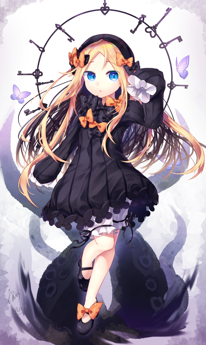 1girl abigail_williams_(fate/grand_order) absurdres arm_up bangs black_bow black_dress black_footwear black_hat blonde_hair bloomers blue_eyes blush bow bug butterfly commentary_request dress eyebrows_visible_through_hair fate/grand_order fate_(series) forehead gunjou_row hair_bow hat highres insect key long_hair long_sleeves looking_at_viewer mary_janes orange_bow parted_bangs parted_lips polka_dot polka_dot_bow shoes sleeves_past_fingers sleeves_past_wrists solo standing standing_on_one_leg suction_cups tentacle underwear very_long_hair white_bloomers