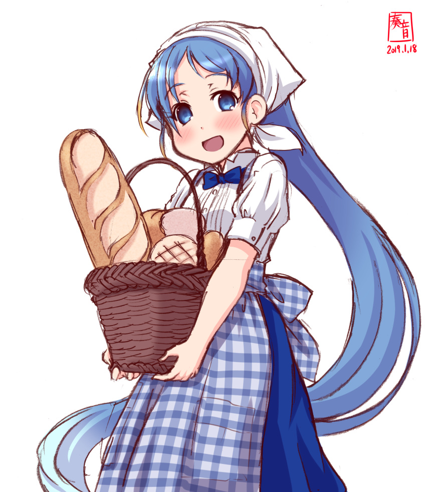 1girl alternate_costume apron artist_logo baguette basket blue_eyes blue_hair blue_neckwear blush bow bowtie bread carrying collared_shirt cowboy_shot dated eyebrows_visible_through_hair flat_chest food gradient_hair head_scarf highres kanon_(kurogane_knights) kantai_collection kobeya koubeya_uniform long_hair looking_at_viewer melon_bread multicolored_hair open_mouth plaid plaid_apron samidare_(kantai_collection) shirt short_sleeves signature simple_background smile solo very_long_hair waitress white_background