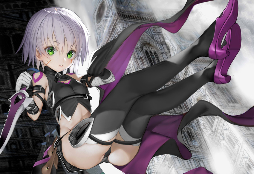 1girl absurdres ass bandage bandaged_arm bandages bangs bare_shoulders black_footwear black_gloves black_legwear black_panties black_shirt blush boots breasts clock clock_tower commentary_request dagger eyebrows_visible_through_hair facial_scar fate/grand_order fate_(series) gloves green_eyes grey_hair hair_between_eyes high_heel_boots high_heels highres holding holding_dagger holding_weapon jack_the_ripper_(fate/apocrypha) looking_at_viewer nyatabe panties parted_lips scar scar_across_eye scar_on_cheek shirt shoe_soles short_hair shoulder_tattoo single_glove sleeveless sleeveless_shirt small_breasts solo tattoo thigh-highs thigh_boots tower underwear weapon
