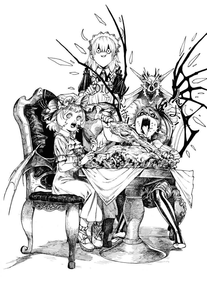 3girls absurdres apron ascot bangs bat_wings bone boned_meat braid chair colored_sclera commentary_request crazy_eyes crystal dress evil_grin evil_smile fingernails flandre_scarlet food fork full_body grin hair_between_eyes hat highres holding holding_food holding_fork holding_knife holding_tray izayoi_sakuya knees_together_feet_apart knife legwear_under_shorts long_dress long_hair long_tongue looking_at_viewer maid maid_headdress meat medium_hair mob_cap monochrome multiple_girls nail_polish pantyhose parted_bangs pointing pointing_at_viewer pointy_ears remilia_scarlet sendai_(nazonomono) sharp_teeth short_sleeves shorts siblings side_ponytail sidelocks sisters sitting slit_pupils smile standing table tablecloth teeth throne tongue tongue_out touhou traditional_media tray twin_braids wings