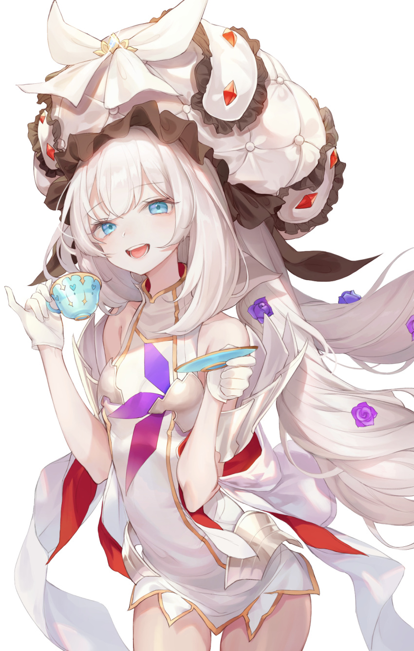 1girl :d bangs bare_shoulders blue_eyes blush breasts cleavage cowboy_shot cup dress eyebrows_visible_through_hair fate/grand_order fate_(series) flower gloves hat highres holding holding_cup holding_saucer hor long_hair looking_at_viewer marie_antoinette_(fate/grand_order) medium_breasts open_mouth pinky_out sidelocks silver_hair sleeveless smile solo twintails very_long_hair