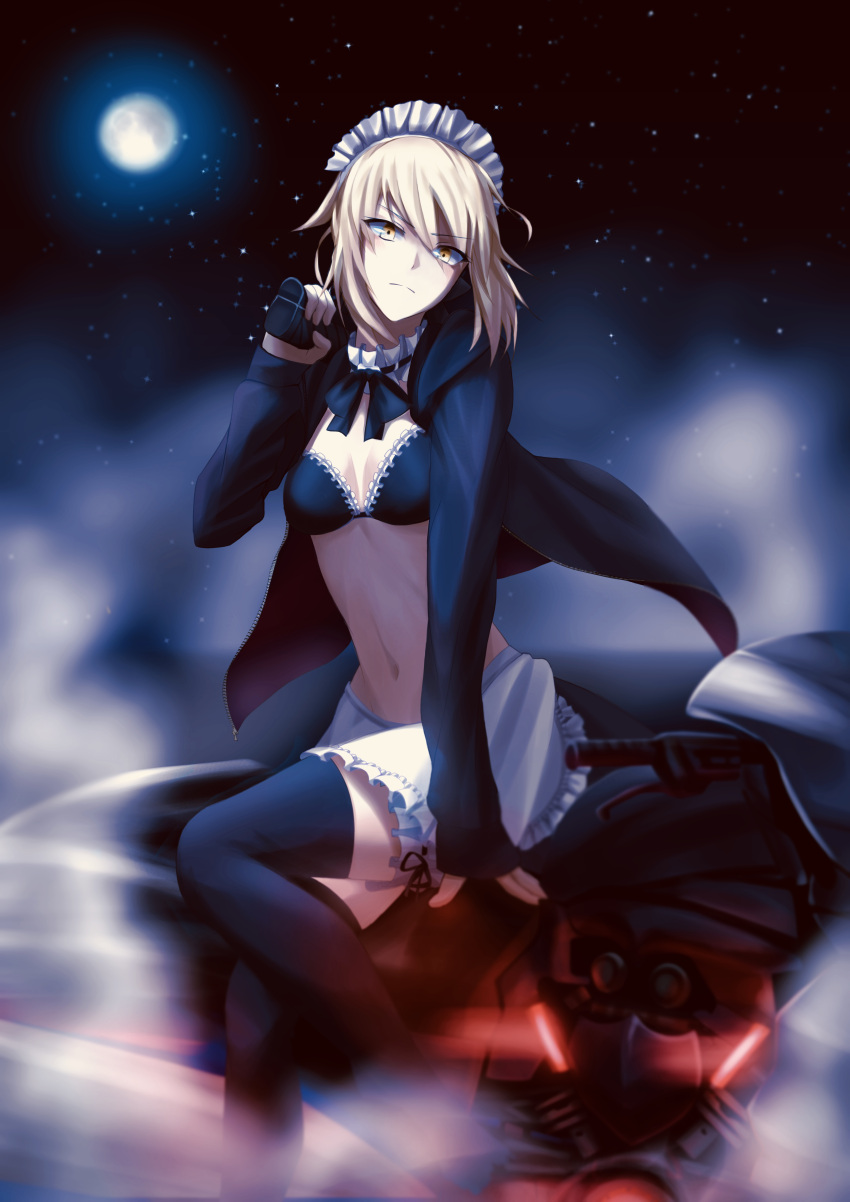 1girl absurdres apron artoria_pendragon_(all) artoria_pendragon_(swimsuit_rider_alter) black_bra black_jacket black_legwear black_ribbon bra breasts choker cleavage eyebrows_visible_through_hair fate/grand_order fate_(series) floating_hair frilled_apron frilled_bra frills full_moon ground_vehicle gun highres holding holding_gun holding_weapon hood hood_down hooded_jacket jacket long_sleeves maid_headdress moon motor_vehicle motorcycle navel neck_ribbon open_clothes open_jacket ribbon silver_hair sitting sky small_breasts solo star_(sky) starry_sky takagi_mitsukuni thigh-highs underwear waist_apron weapon white_apron yellow_eyes